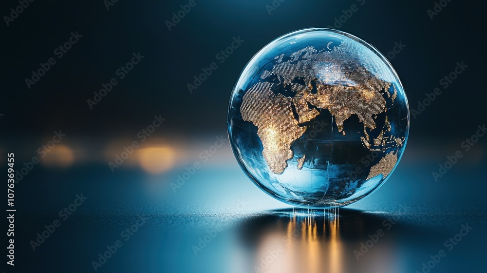 Illuminated Glass Globe with World Map and Glowing Cities Illuminated Glass Globe with World Map and Glowing Cities