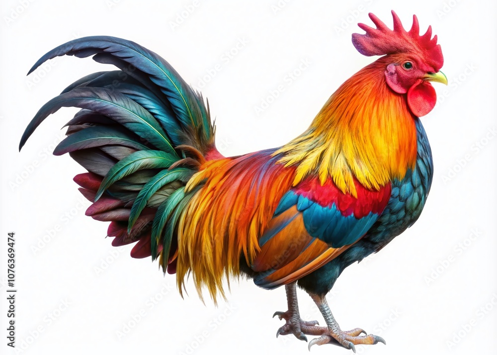 Fototapeta premium Aerial View of a Stunningly Colorful Cockerel Rooster in a Farm Setting, Showcasing its Full Body and Rich Feathers in a Photorealistic PNG Cutout Isolated Image for Stock Use