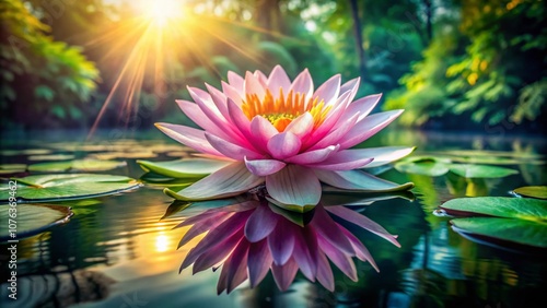 Aerial View of a Stunning Magical Lotus Flower Blooming in Serene Waters Surrounded by Lush Greenery, Capturing the Beauty of Nature's Artistry in a Tranquil Environment