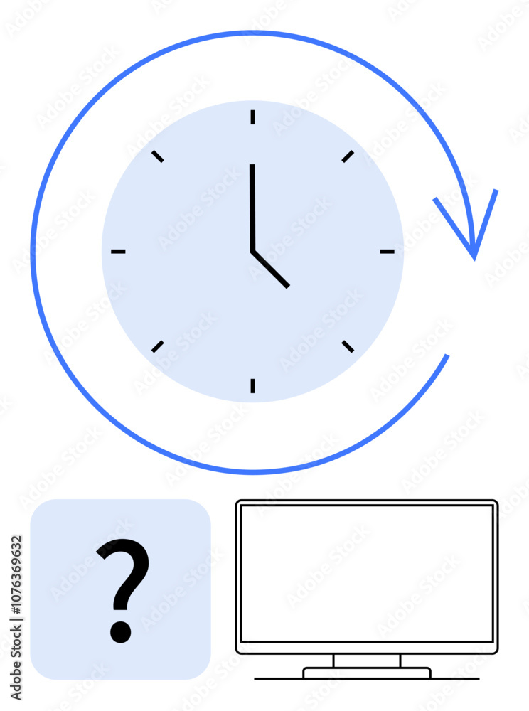 Clock face with arrow circling clockwise, question mark inside a square, computer monitor. Ideal for time management, productivity, deadline tracking, efficiency improvement, decision-making Clock face with arrow circling clockwise, question mark inside a square, computer monitor. Ideal for time management, productivity, deadline tracking, efficiency improvement, decision-making