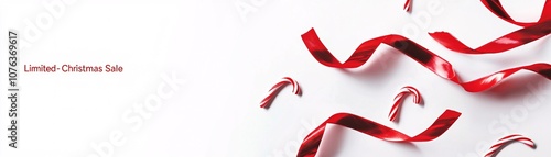 Decorative flyer for a â€œLimited-Time Christmas Saleâ€ featuring red ribbons and candy canes. photo