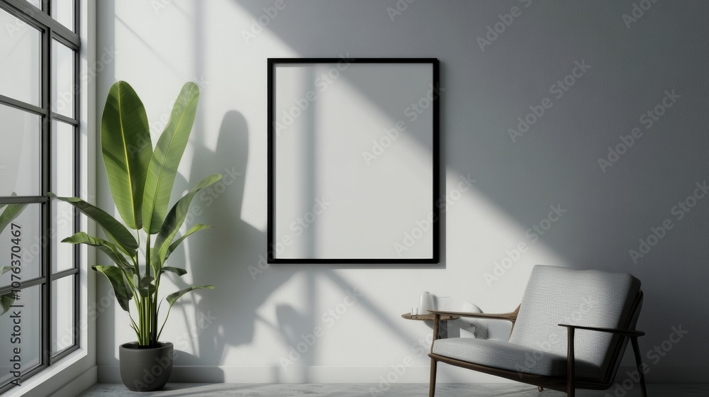 Modern Living Room Interior Design with Black Frame Mockup White Walls and Natural Light Modern Living Room Interior Design with Black Frame Mockup White Walls and Natural Light