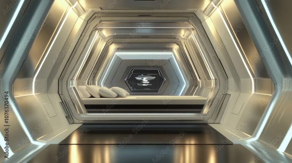 Futuristic Interior Design with White Pillows and a Bed Futuristic Interior Design with White Pillows and a Bed