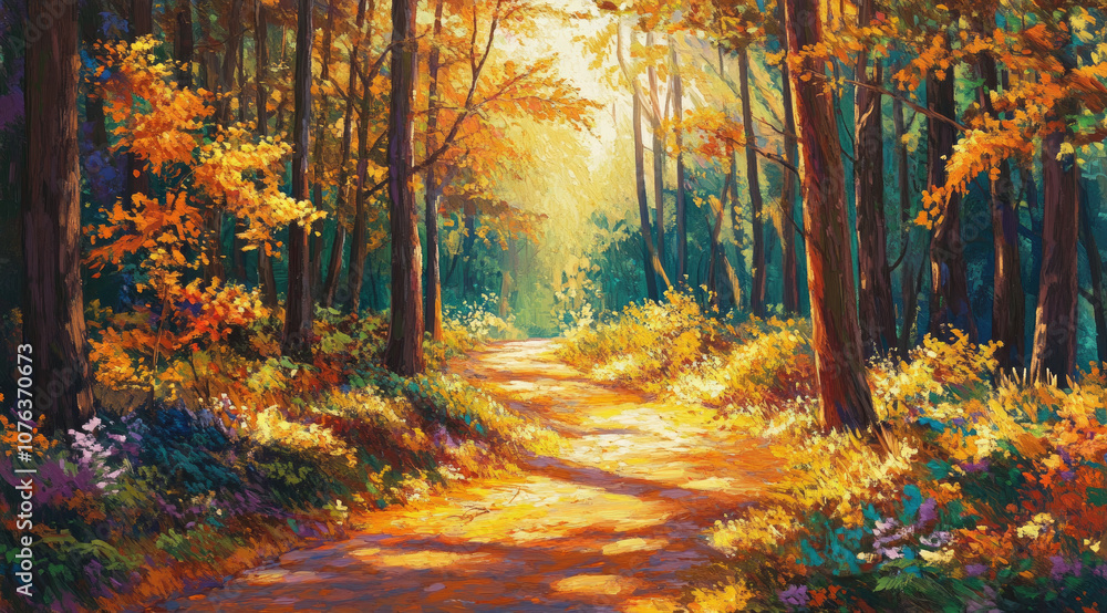 Fototapeta premium Vibrant Autumn Forest Path with a Winding Trail in Golden Light