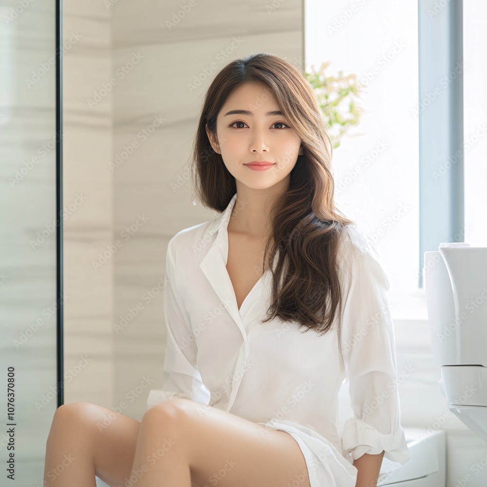 Modern Japanese-Style Bathroom with Woman Showcasing Advanced Toilet Technology Modern Japanese-Style Bathroom with Woman Showcasing Advanced Toilet Technology