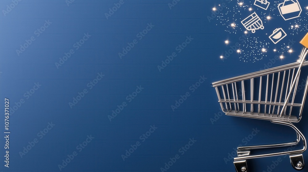 A modern shopping cart filled with digital icons representing online shopping, symbolizing e-commerce and convenience. A modern shopping cart filled with digital icons representing online shopping, symbolizing e-commerce and convenience.