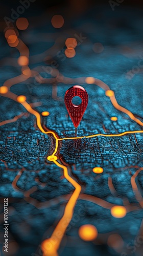 A detailed urban map illustration featuring bold red location markers amidst intricate highway connections that glow, highlighting a complex network of routes.