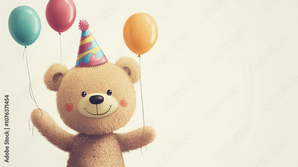 a 2D cartoon illustration of a teddy bear in a party hat with balloons, festive and fun, white background--ar 16:9 a 2D cartoon illustration of a teddy bear in a party hat with balloons, festive and fun, white background--ar 16:9