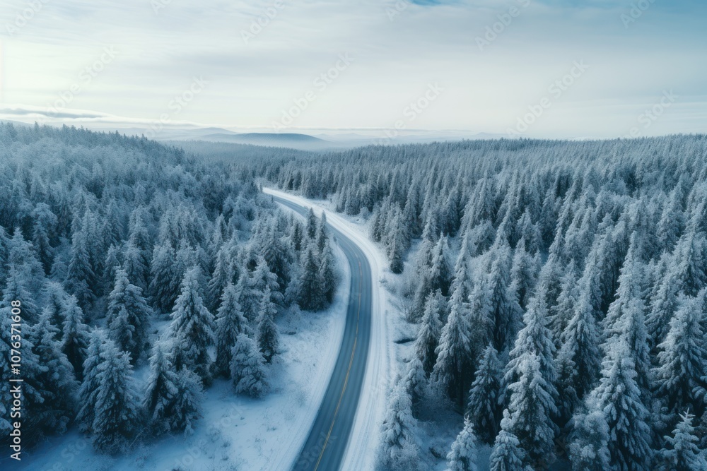 Road among Winter forest AI generated image Road among Winter forest AI generated image