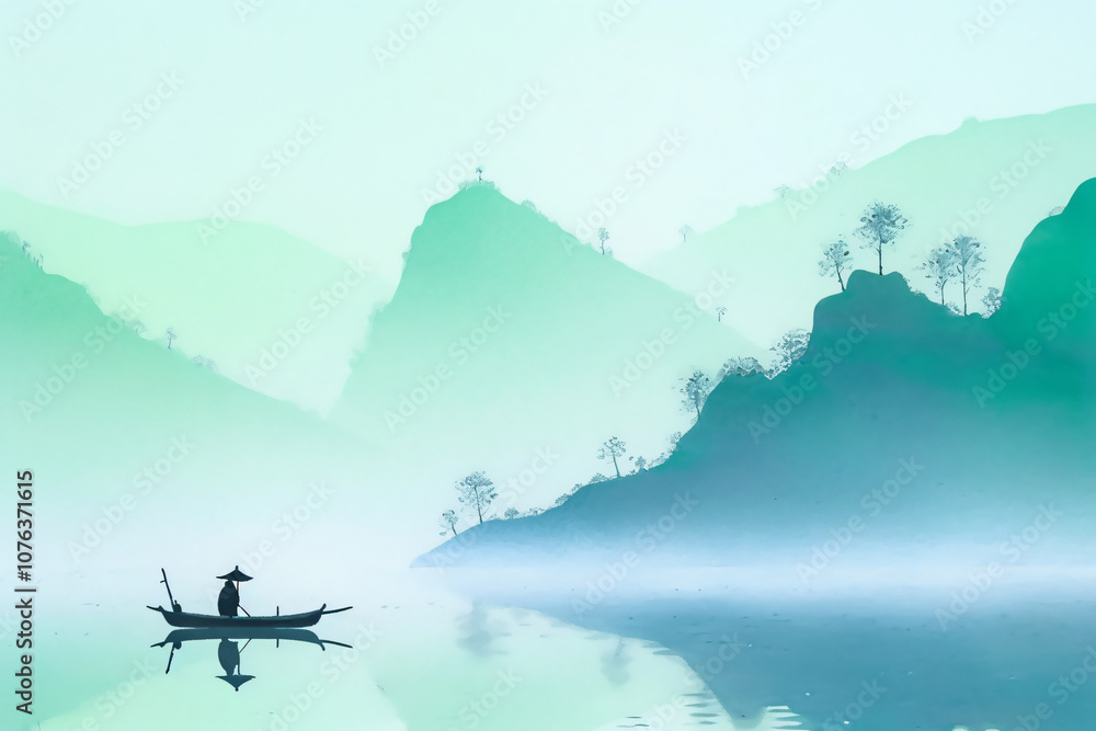 Naklejka premium A minimalist illustration of a fisherman in a small boat on a calm lake surrounded by soft green hills, creating a tranquil and harmonious scene that emphasizes simplicity and nature.