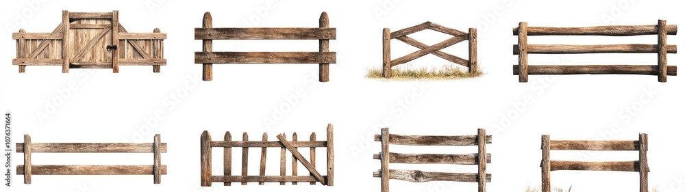 Obraz premium Collection of Wooden Fence and Gate Designs Isolated on White Background