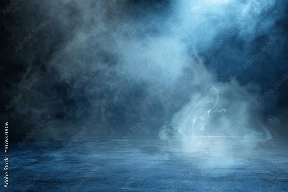 A captivating studio room features a dark blue cement floor shrouded in ethereal smoke, illuminated by spotlights and laser lights, evoking a sense of futuristic technology. A captivating studio room features a dark blue cement floor shrouded in ethereal smoke, illuminated by spotlights and laser lights, evoking a sense of futuristic technology.