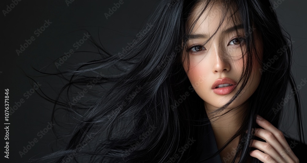Beautiful Asian woman with long, straight black hair and smooth skin, wearing a pink top, posing for a beauty portrait Beautiful Asian woman with long, straight black hair and smooth skin, wearing a pink top, posing for a beauty portrait