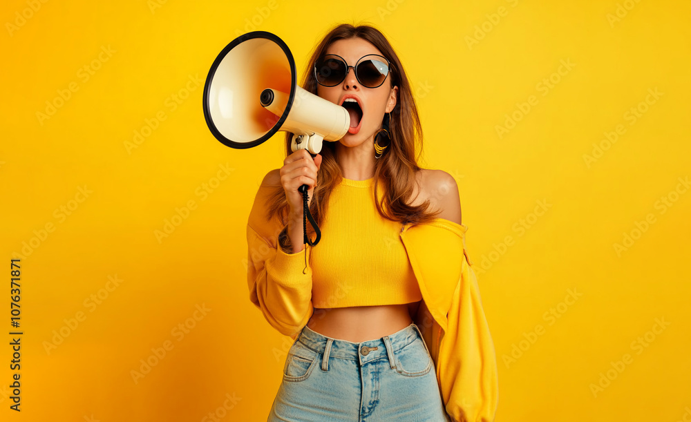 Obraz premium Girl screaming into a megaphone against a bright yellow background in a yellow sweater. Concept: News, sale, information with space for text.