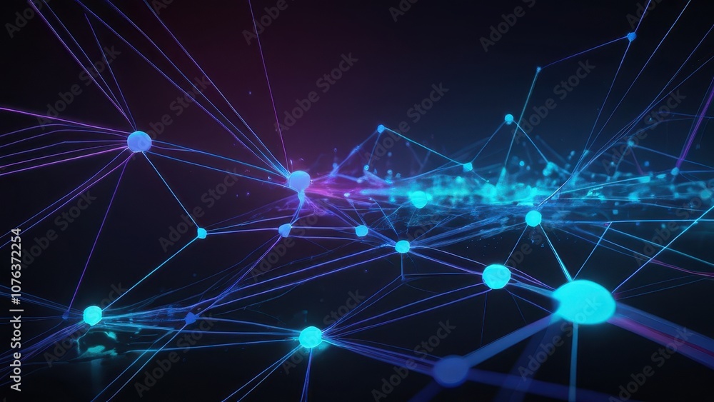Obraz premium Futuristic digital network landscape with glowing blue nodes interconnected by dynamic lines, representing advanced technology and data flow