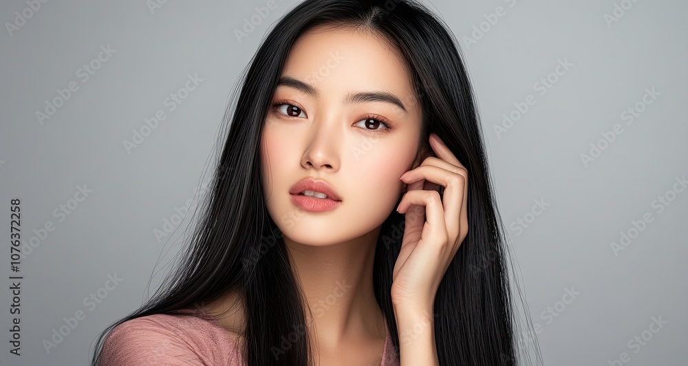 Beautiful Asian woman with long, straight black hair and smooth skin, wearing a pink top, posing for a beauty portrait Beautiful Asian woman with long, straight black hair and smooth skin, wearing a pink top, posing for a beauty portrait