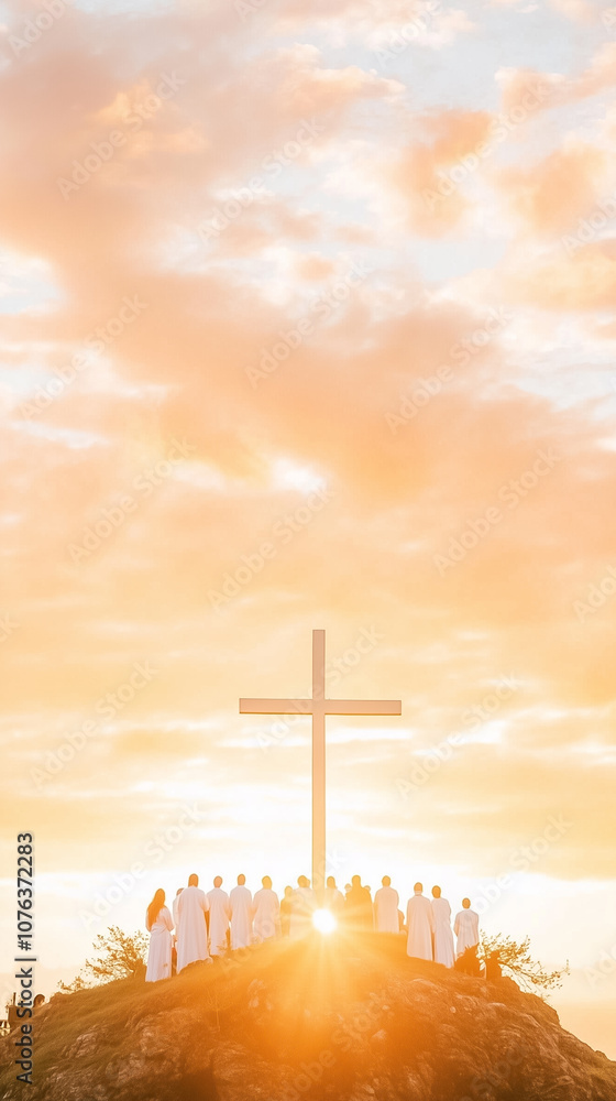 Fototapeta premium A serene gathering of individuals in white robes witnessing a beautiful sunset near a cross on a hill