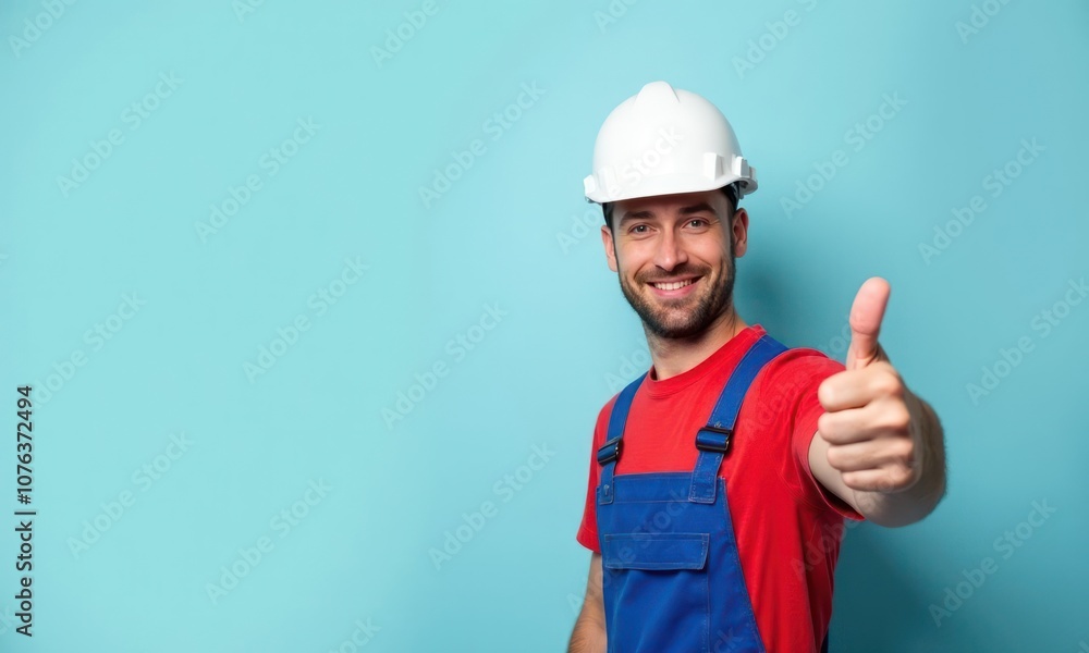 Man in construction-themed clothes, including yellow hard hat and blue jumpsuit, on blue background. His thumbs up indicates approval or satisfaction, perhaps indicating successful completion task Man in construction-themed clothes, including yellow hard hat and blue jumpsuit, on blue background. His thumbs up indicates approval or satisfaction, perhaps indicating successful completion task