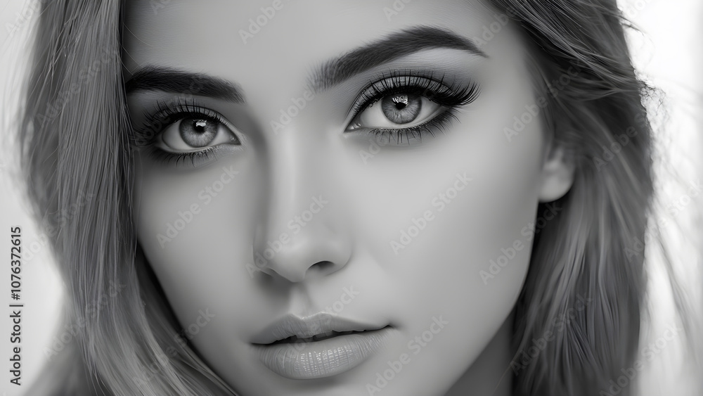 Fototapeta premium Black and white portrait of beautiful young woman with long eyelashes. Close-up.