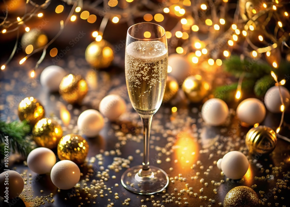 Aerial View of Elegant Champagne Glass with Bubbles Surrounded by Festive Decorations and Soft Lighting, Perfect for Celebrations and Special Occasions Aerial View of Elegant Champagne Glass with Bubbles Surrounded by Festive Decorations and Soft Lighting, Perfect for Celebrations and Special Occasions