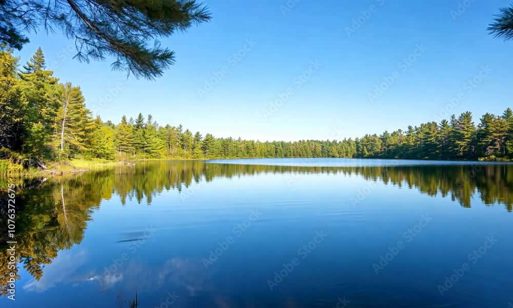 Peaceful Lake Reflection of Pine Trees Under Clear Sky on Sunny Day in Natural Setting : Generative AI Peaceful Lake Reflection of Pine Trees Under Clear Sky on Sunny Day in Natural Setting : Generative AI