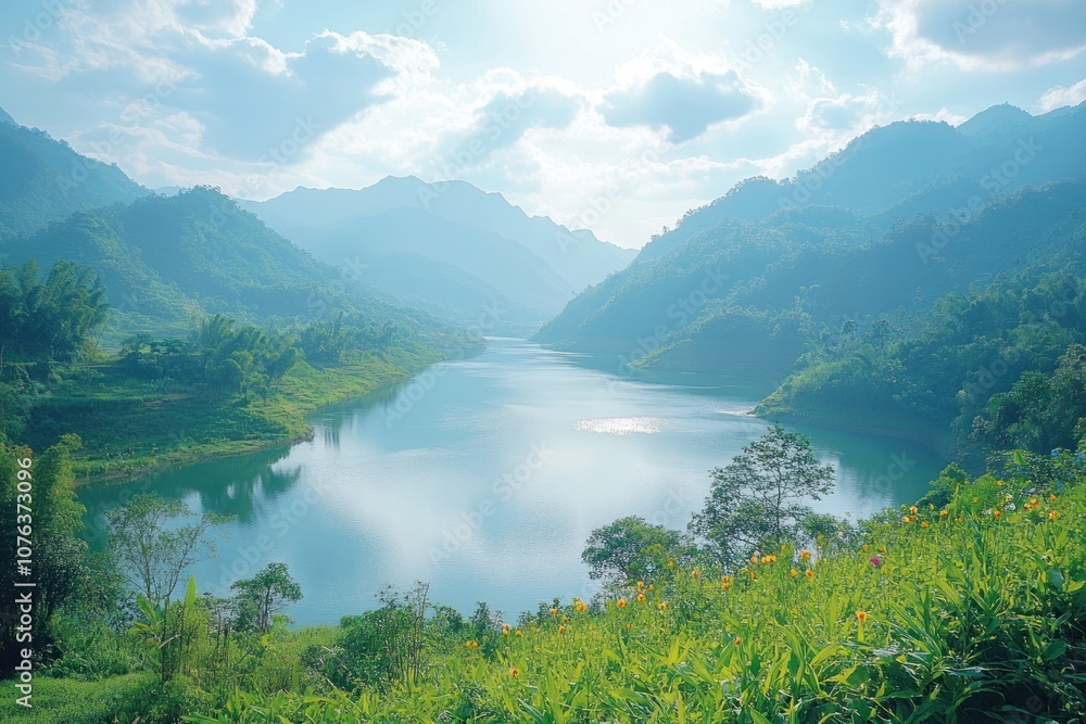 Serene Lake Nestled Between Verdant Mountain Slopes Serene Lake Nestled Between Verdant Mountain Slopes