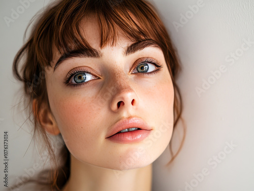 Shocked Woman with Dropped Jaw, Plain Background, Unusual Discovery Portrait photo