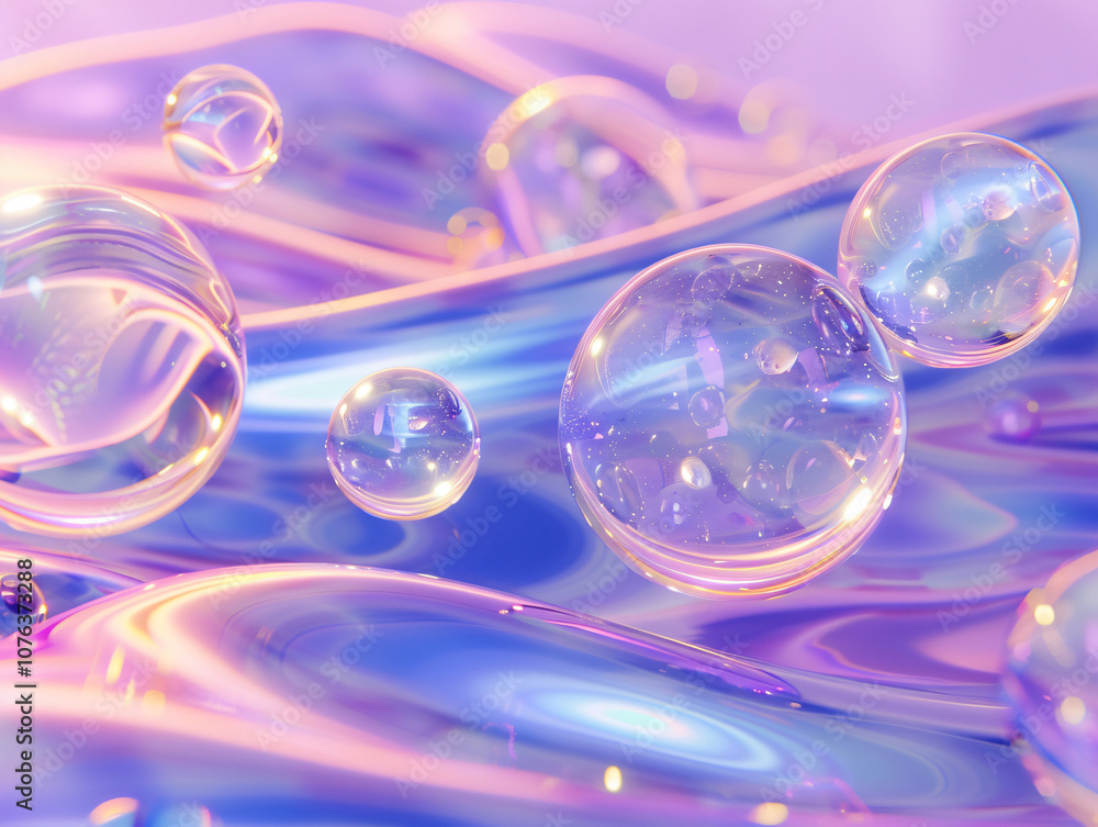 A close-up of colorful bubbles floating on a smooth surface, featuring reflections and light play that create a mesmerizing and whimsical atmosphere in a soft purple palette. A close-up of colorful bubbles floating on a smooth surface, featuring reflections and light play that create a mesmerizing and whimsical atmosphere in a soft purple palette.