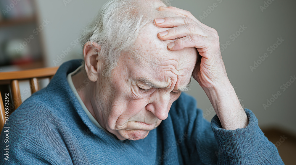 elderly man holding his head, expressing deep concern and sadness