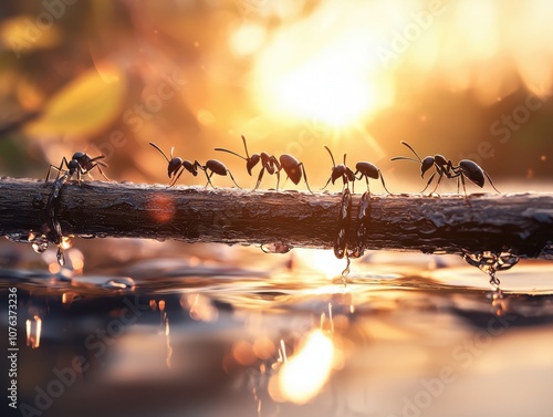 Ants collaborate to construct a bridge using logs showcasing nature's ingenious engineering skills photo