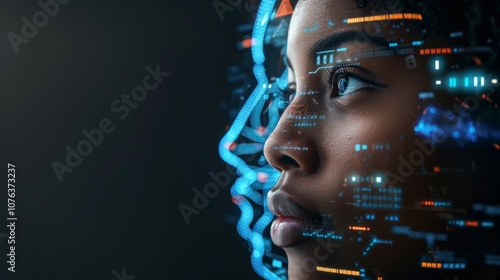 Woman symbolically turning into virtual human, virtual character, or digital clone. AI artificial intelligence.