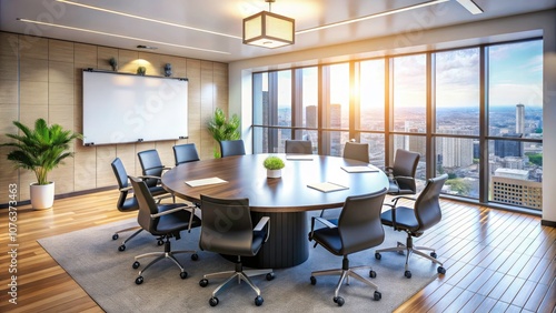Modern Empty Boardroom with Blank Whiteboard and Sleek Black Chairs Ready for Business Meeting or Presentation
