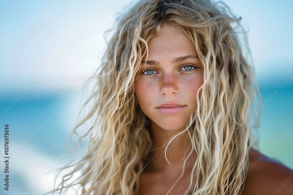 Dreamy close-up portrait of curly blonde hair, tanned, green-eyed surfer girl on the beach with soft focus Dreamy close-up portrait of curly blonde hair, tanned, green-eyed surfer girl on the beach with soft focus
