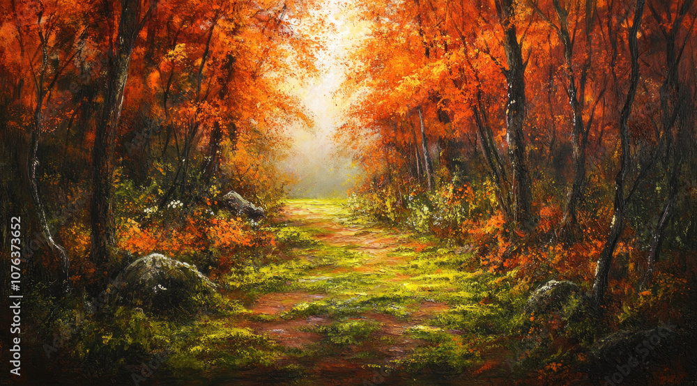 Enchanted Path Through Autumn Forest, Sunlight Highlighting the Path Enchanted Path Through Autumn Forest, Sunlight Highlighting the Path