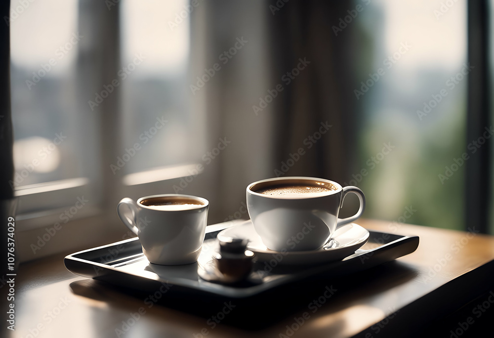 window tray next sitting table cup hot drink domestic coffee room material wood window tray next sitting table cup hot drink domestic coffee room material wood