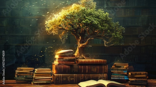 Tree grows from old books in an old library. Conceptual basis of history, education, antiquity, literature.