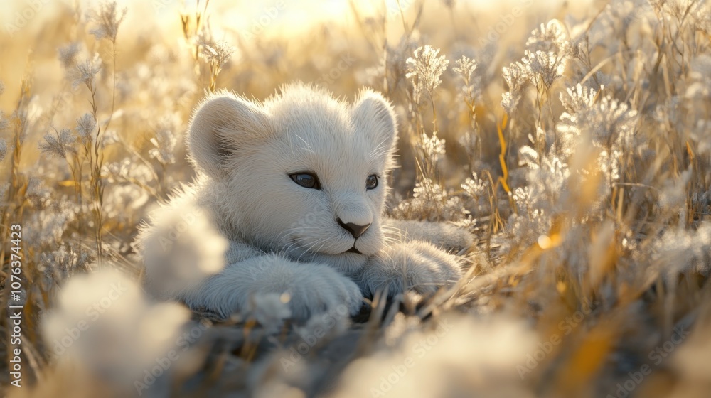 A White Lion Cub Resting in Tall Grass A White Lion Cub Resting in Tall Grass