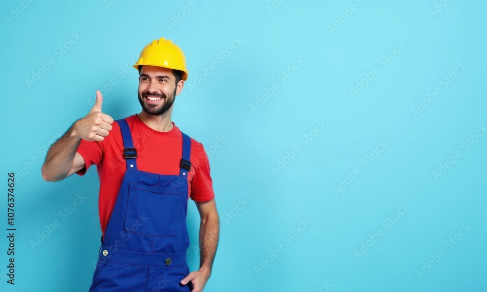 Man in construction-themed clothes, including yellow hard hat and blue jumpsuit, on blue background. His thumbs up indicates approval or satisfaction, perhaps indicating successful completion task Man in construction-themed clothes, including yellow hard hat and blue jumpsuit, on blue background. His thumbs up indicates approval or satisfaction, perhaps indicating successful completion task