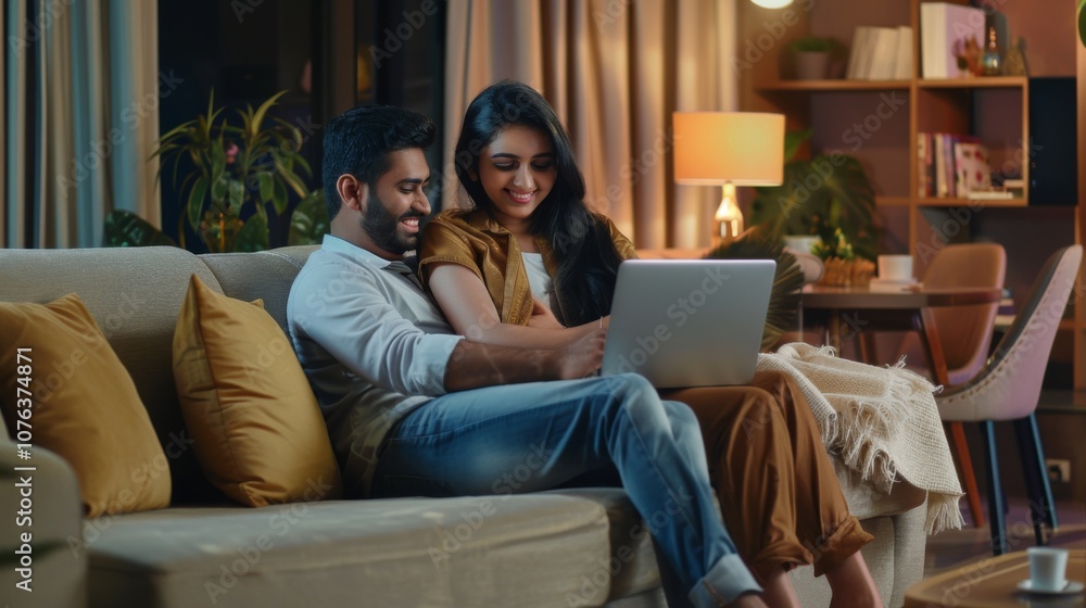 A lovely couple sits closely on a comfortable couch, absorbed in a movie on their laptop. The warm ambiance of their home highlights their joy and connection. A lovely couple sits closely on a comfortable couch, absorbed in a movie on their laptop. The warm ambiance of their home highlights their joy and connection.