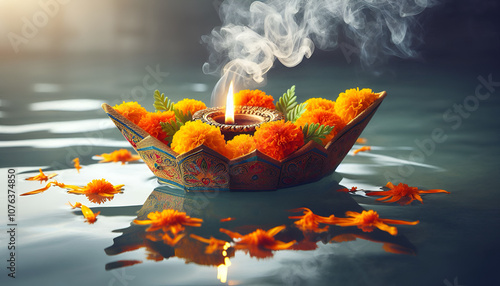 Kartika Purnima Ritual Boat Lamp on Water photo