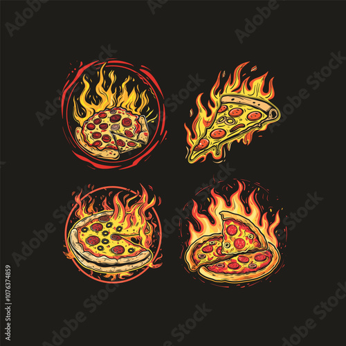 Burning pizza on fire logo design vector vintage