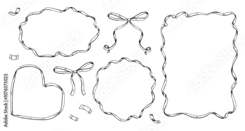 A vintage set of hand drawn ribbon and bow frames in various shapes. Perfect for invitations, cards, or gift tags. The black and white vector art provides customizable copy space for your messages