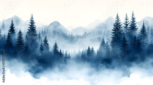 A beautiful watercolor-style illustration of a snowy winter scene, with snow-covered pine trees, gentle snowflakes falling, and a peaceful, cool color palette of blues and whites that captures the cri