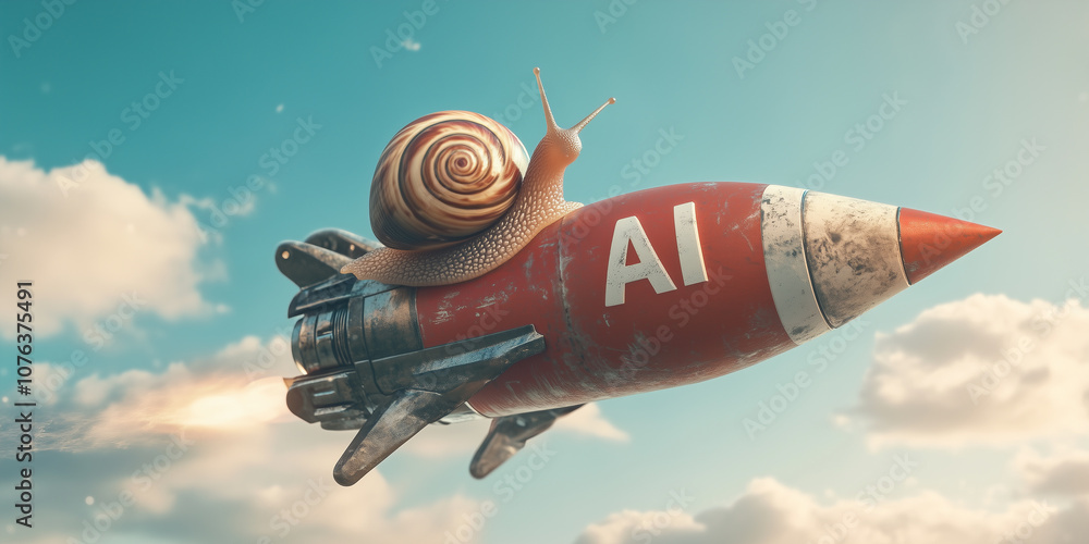 Naklejka premium Lumaca che cavalca un razzo con la scritta AI che viaggia a forte velocità. Concetto che l'intelligenza artificiale può velocizzare le attività lente.