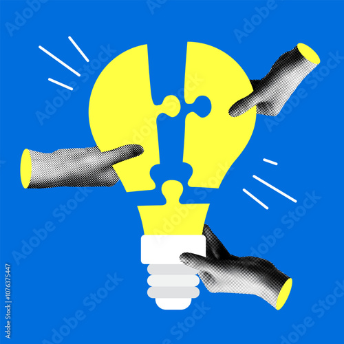 Modern collage with halftone hands holding a puzzle in a shape of light bulb. Team building concept. People holding a pieces of jigsaw. Teamwork. Team communication. Joint cooperation. Idea generation