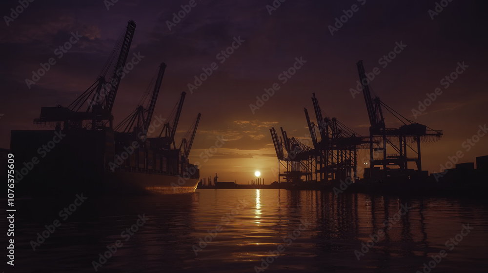 Fototapeta premium panoramic shot of container dock at sunset, showcasing silhouettes of cranes and ships