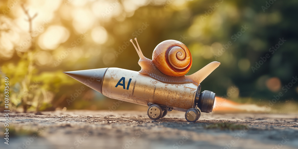 Obraz premium Lumaca che cavalca un razzo con la scritta AI che viaggia a forte velocità. Concetto che l'intelligenza artificiale può velocizzare le attività lente.
