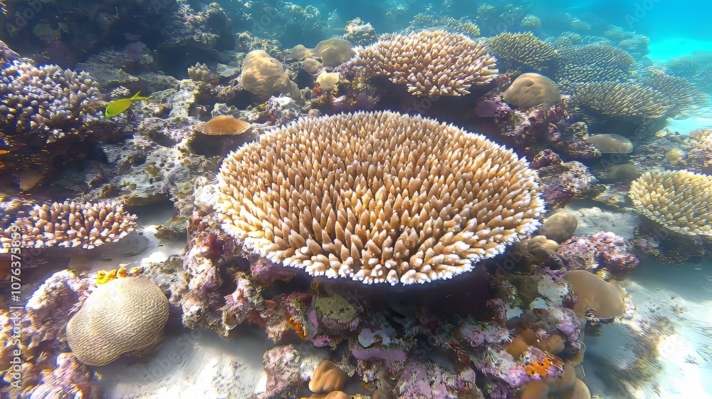 An underwater view of a vibrant coral reef with various coral formations and clear blue water. An underwater view of a vibrant coral reef with various coral formations and clear blue water.