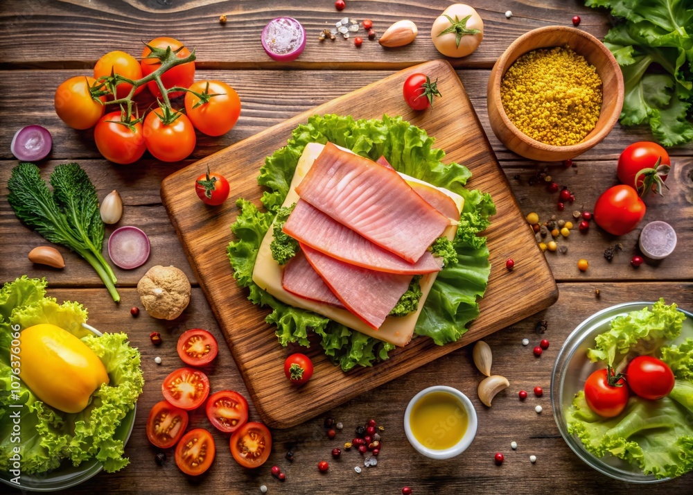 Aerial View of Square Slices of Juicy Ham Ready for Delicious Nutritious Sandwiches with Fresh Ingredients and Colors for Culinary Inspiration and Food Photography Aerial View of Square Slices of Juicy Ham Ready for Delicious Nutritious Sandwiches with Fresh Ingredients and Colors for Culinary Inspiration and Food Photography