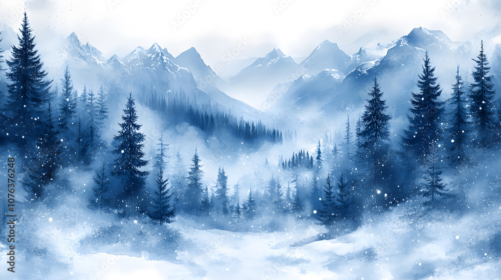 Obraz premium A beautiful watercolor-style illustration of a snowy winter scene, with snow-covered pine trees, gentle snowflakes falling, and a peaceful, cool color palette of blues and whites that captures the cri